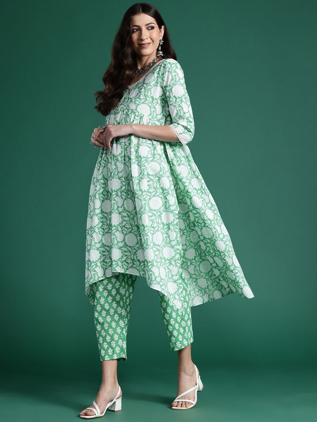 Indyancart IE Floral Printed Empire Mirror Work Pure Cotton Kurta with Trousers & Dupatta