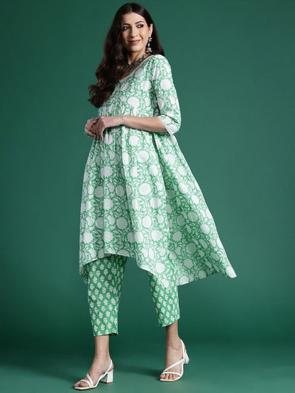 Indyancart IE Floral Printed Empire Mirror Work Pure Cotton Kurta with Trousers & Dupatta