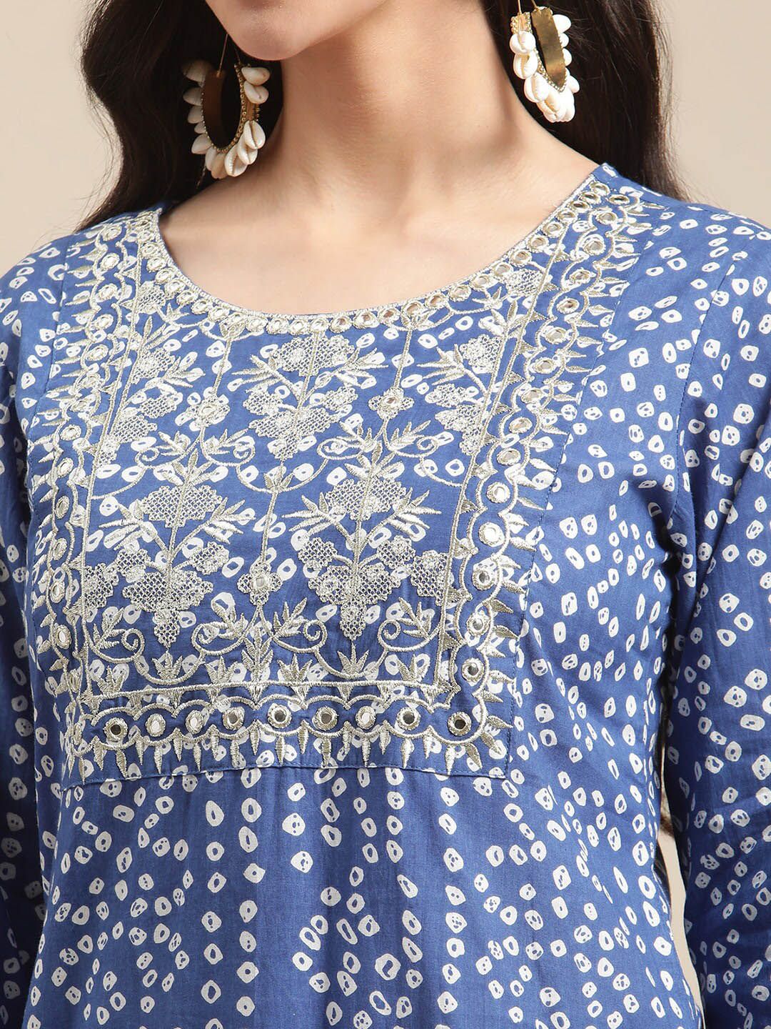 Indyancart VA Women'sBlue And White Zari Embroidery Leheriya Kurta Sharara Set With Leheriya Dupatta