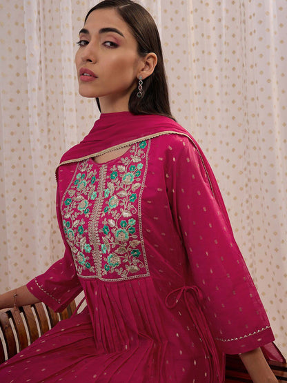 Indyancart IE Floral Embroidered A-Line Kurta with Trousers & Dupatta