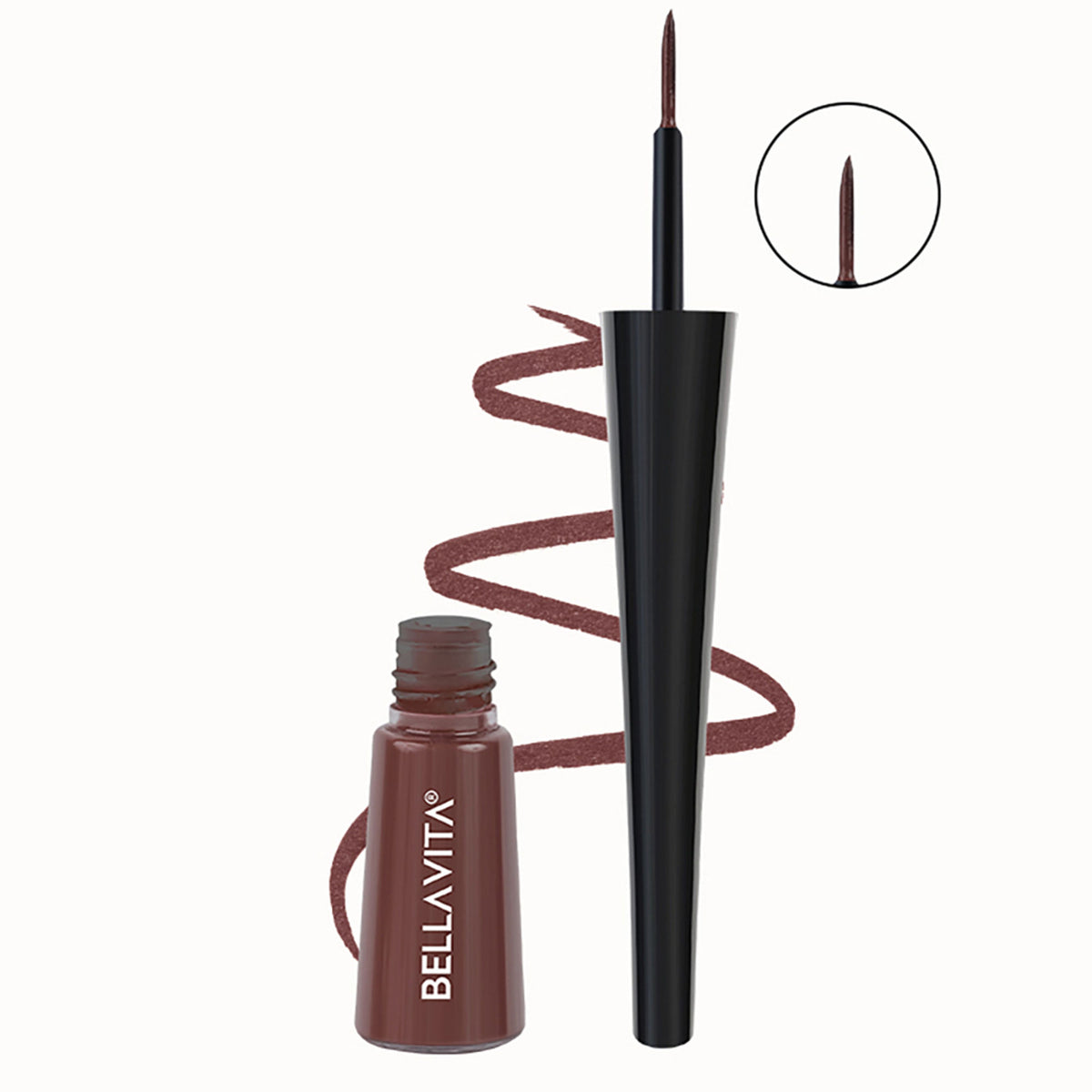 Bella Vita Organic Intense Drama waterproof brown eyeliner pencil with sharp tip and smooth application on white background.