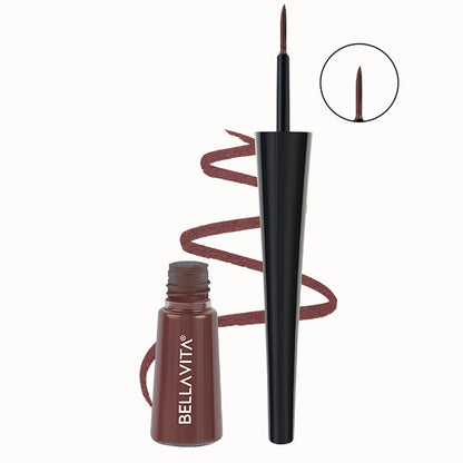 Bella Vita Organic Intense Drama waterproof brown eyeliner pencil with sharp tip and smooth application on white background.