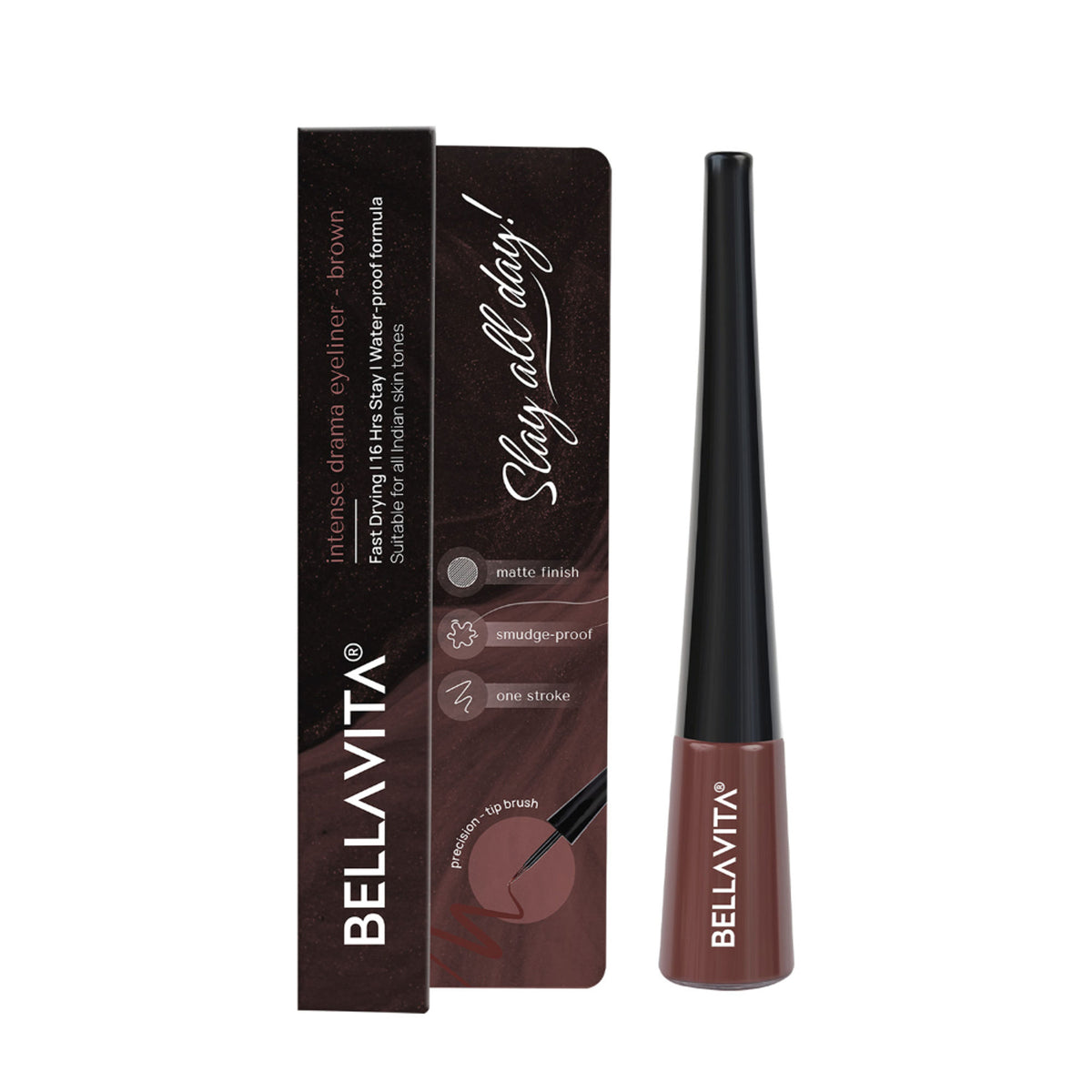 Bella Vita Organic Intense Drama waterproof brown eyeliner pencil with sharpener, showcasing the product on a clean background.