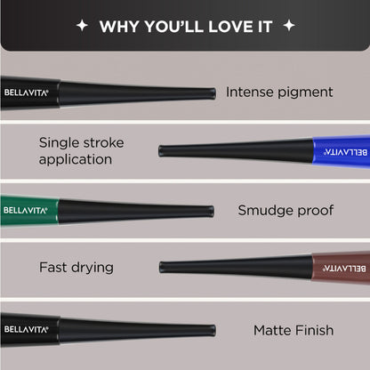 Bella Vita Organic Intense Drama waterproof brown eyeliner pencil with a sharpened tip and smooth application on white background.