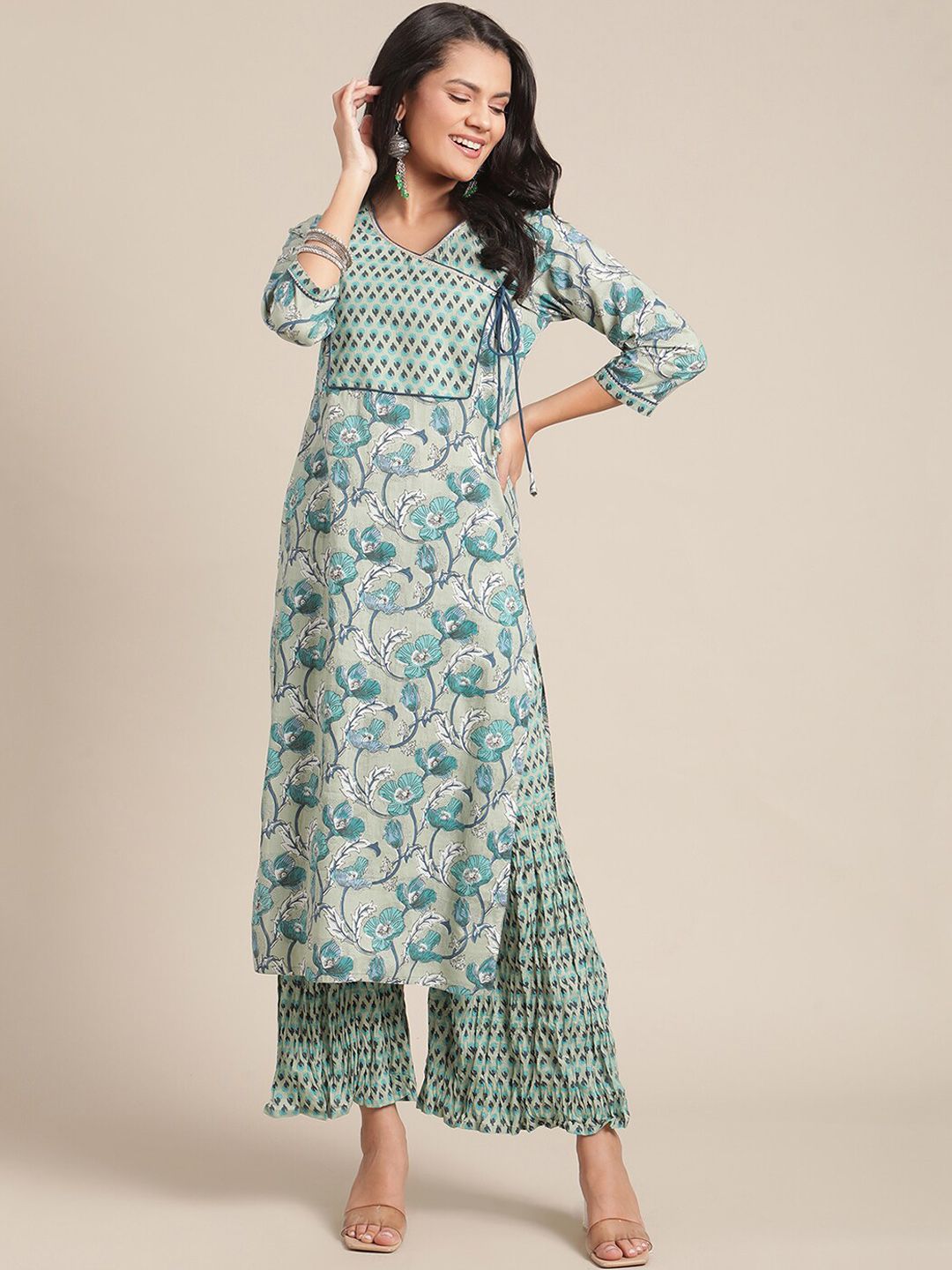 Indyancart VA Women's Turquoise Blue Floral Printed Regular Pure Cotton Kurta with Palazzos