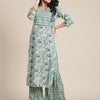 Indyancart VA Women's Turquoise Blue Floral Printed Regular Pure Cotton Kurta with Palazzos