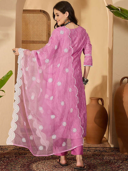 Indyancart SN Women's Abstract Printed & Embroidered V-Neck A-Line Kurta With Trousers And Dupatta