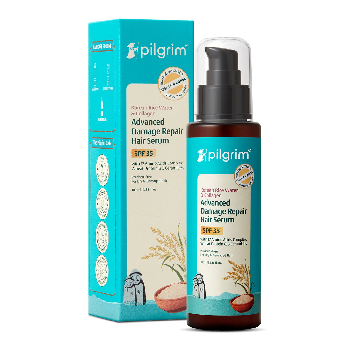 Pilgrim Korean Rice Water & Collagen Advanced Damage Repair Hair Serum SPF 35 Protects & Nourishes