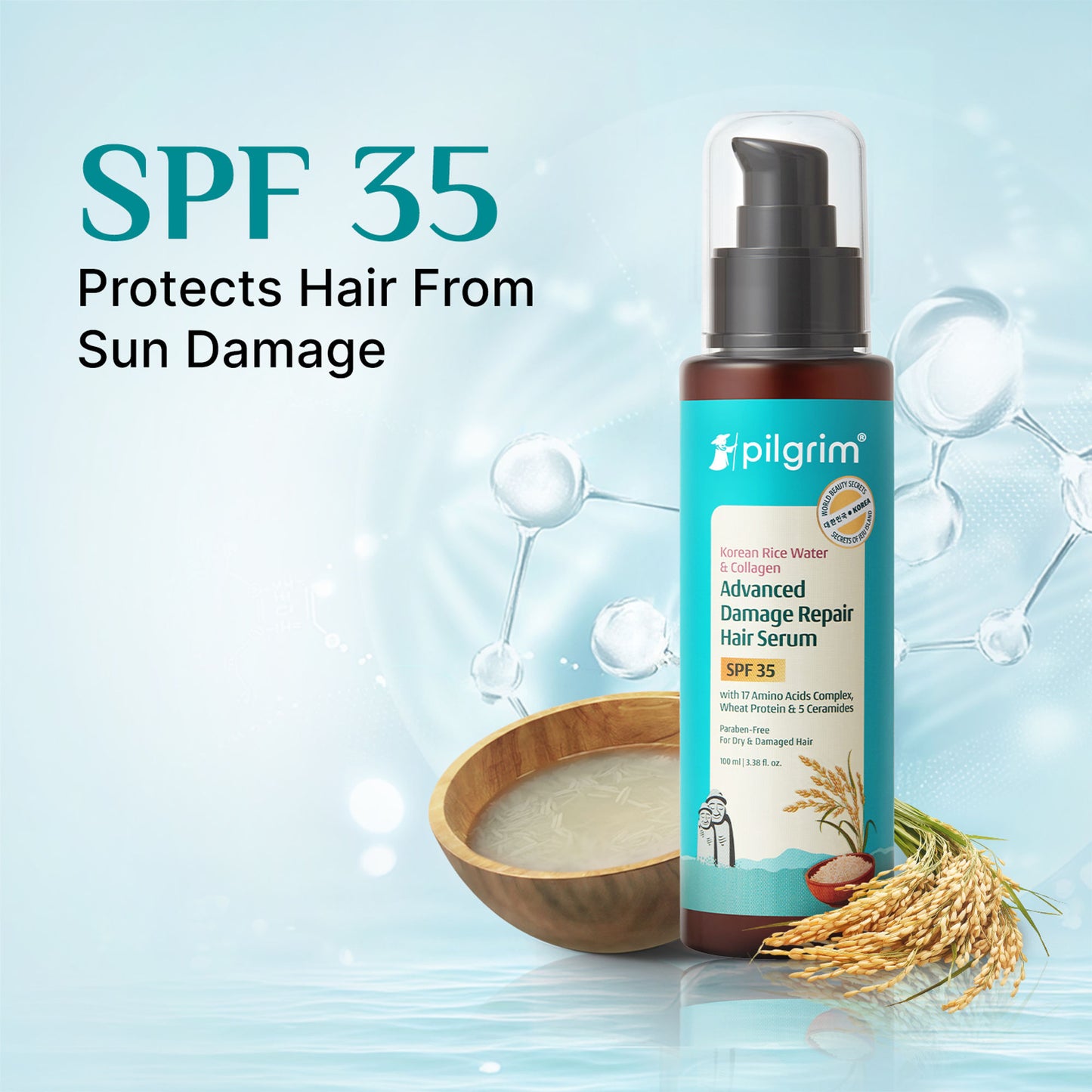 Pilgrim Korean Rice Water & Collagen Advanced Damage Repair Hair Serum SPF 35 Protects & Nourishes