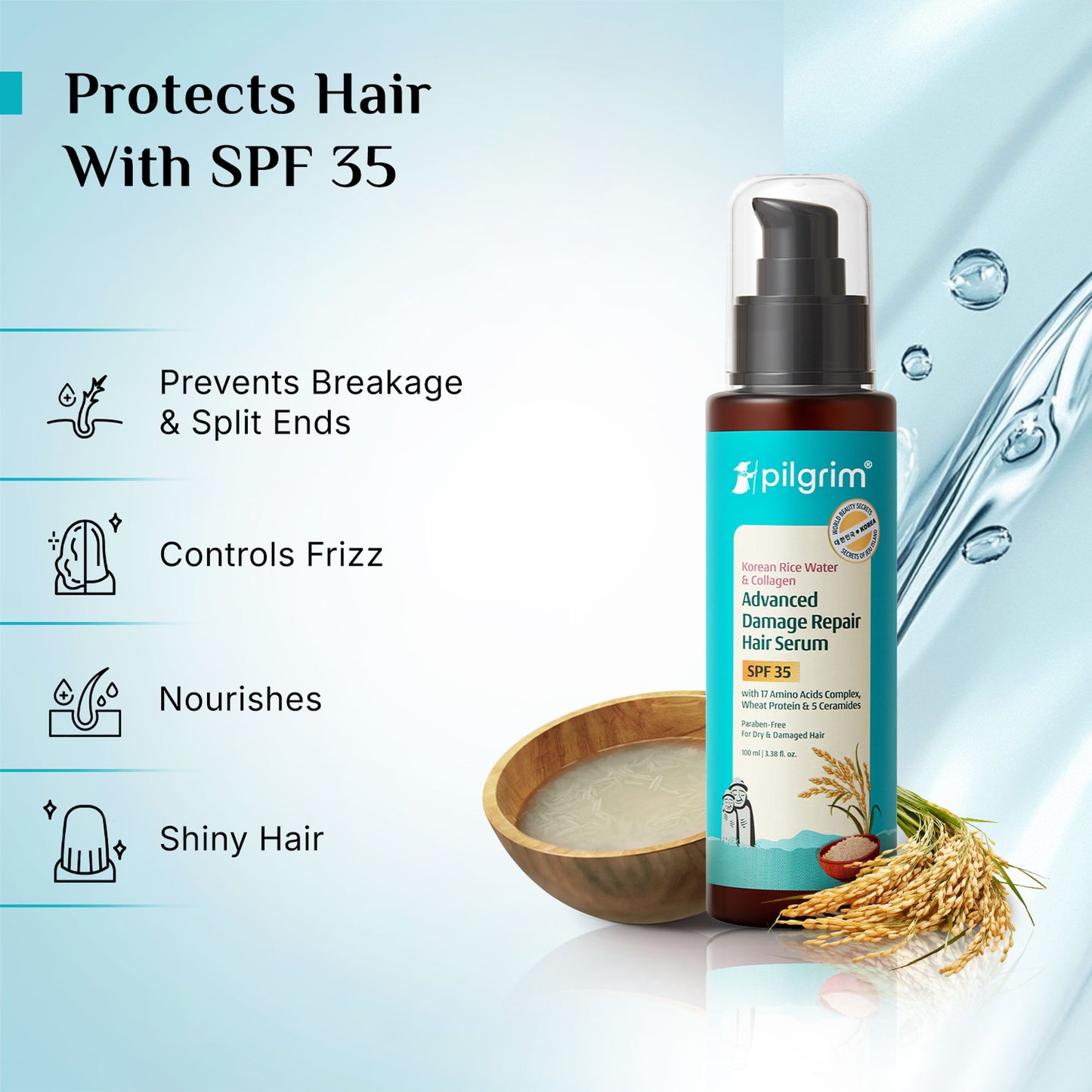 Pilgrim Korean Rice Water & Collagen Advanced Damage Repair Hair Serum SPF 35 Protects & Nourishes