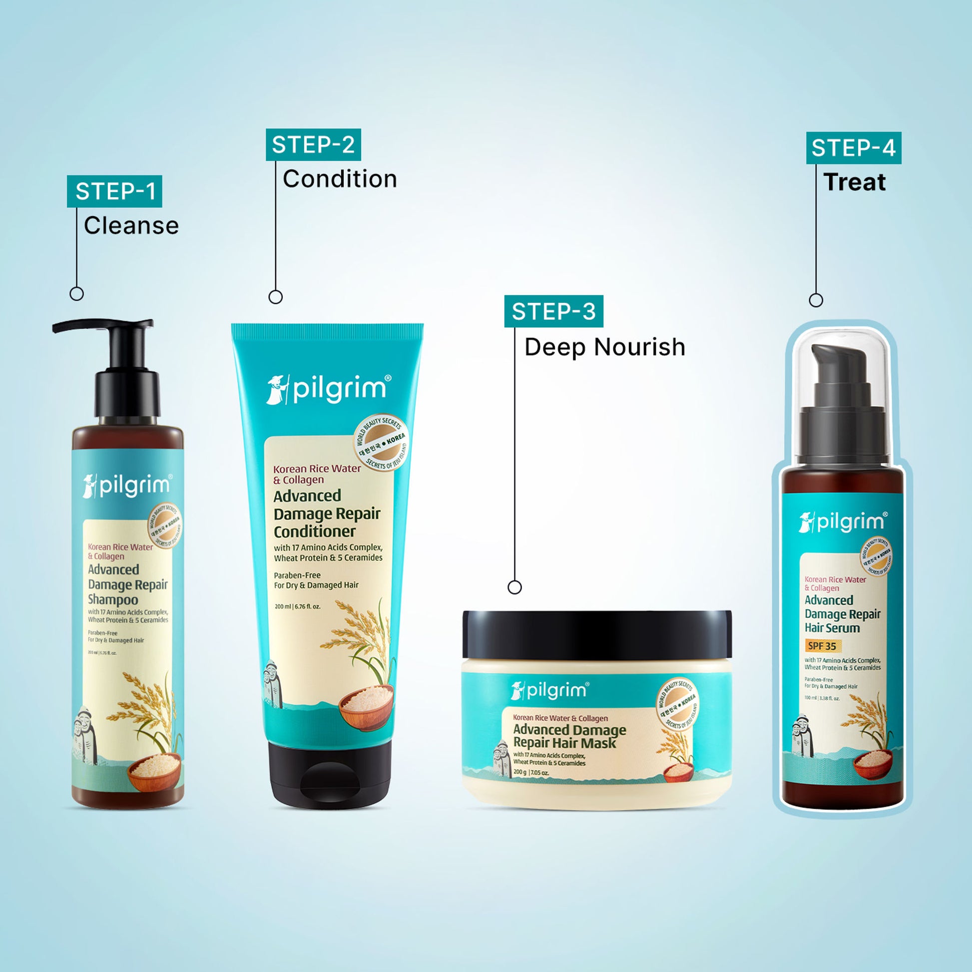 Pilgrim Korean Rice Water & Collagen Advanced Damage Repair Hair Serum SPF 35 Protects & Nourishes