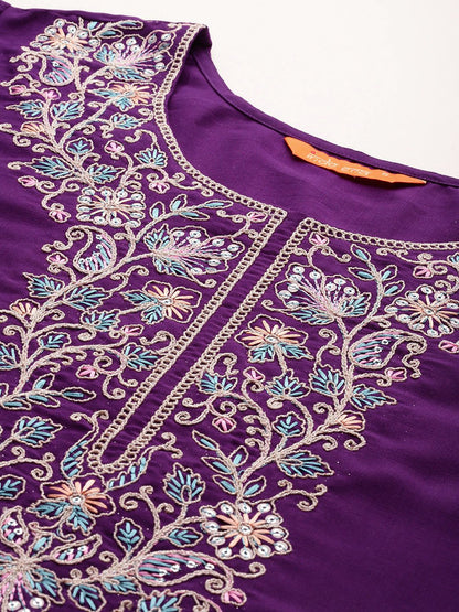 Indyancart IE Floral Embroidered Thread Work Kurta With Trousers & Dupatta