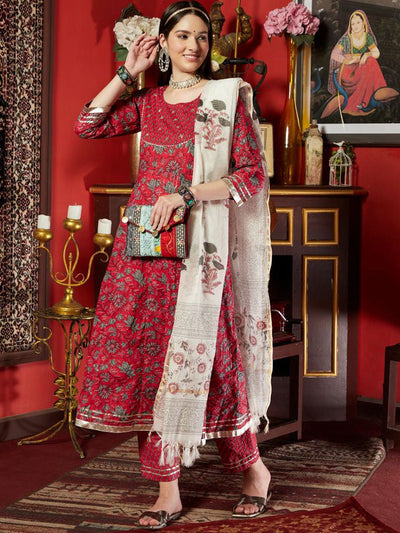 Indyancart SN Women's Pink Floral Printed Mirror Work Pure Cotton A-Line Kurta Set