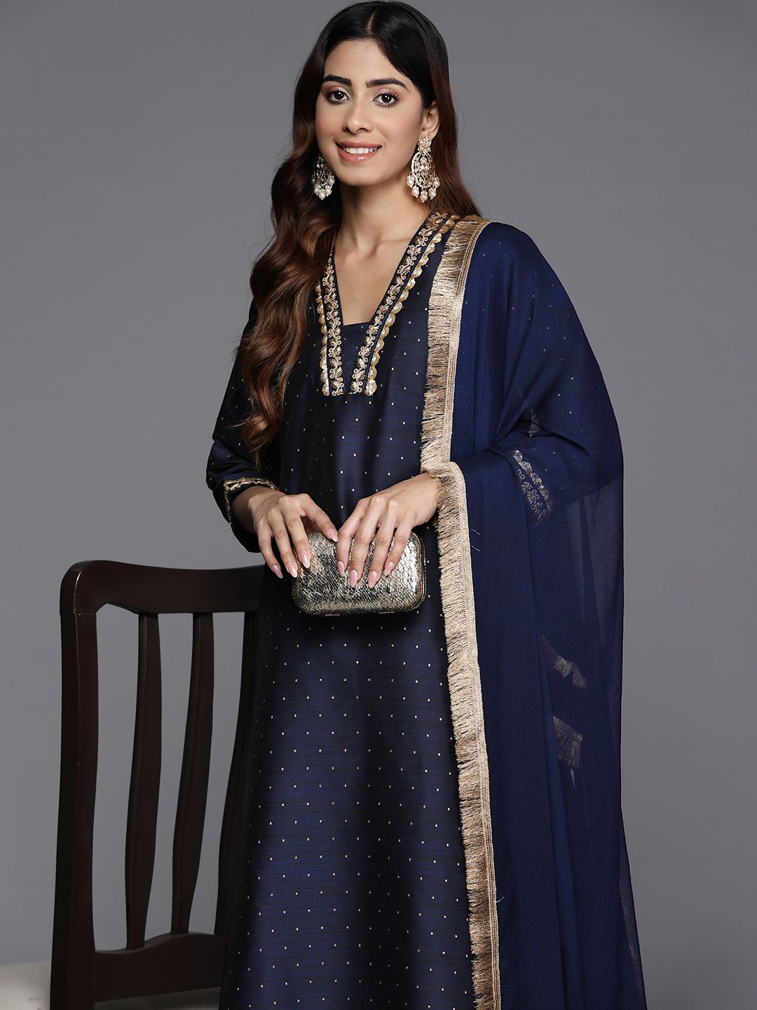 Indyancart VA Women'sSequinned Kurta with Trousers & Dupatta