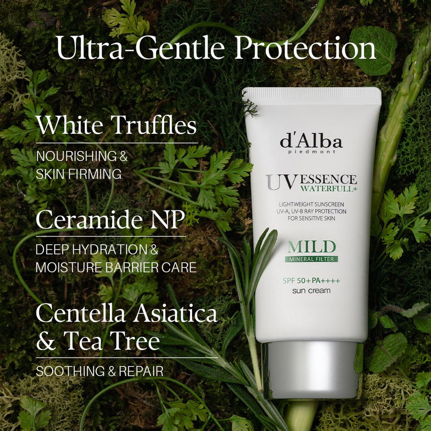 d'Alba piedmont Waterfull Mild Sun Cream, Vegan, SPF 50+ PA++++, Sensitive Skin