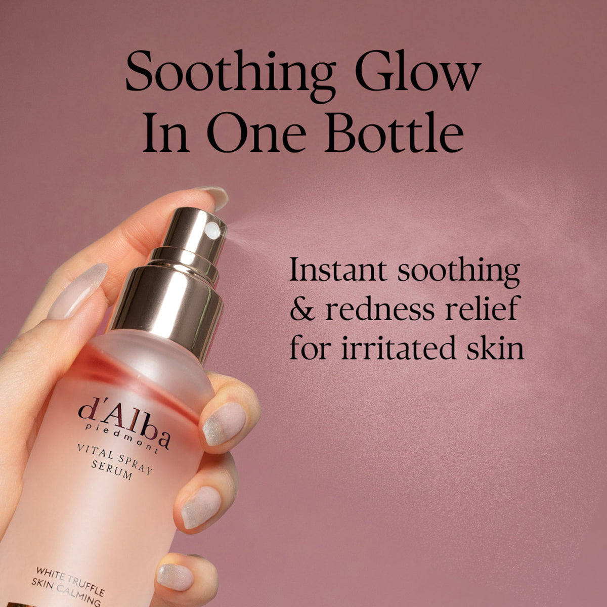 d'Alba Piedmont White Truffle Vital Spray Serum in a clear bottle, hydrating formula for sensitive skin, vegan skincare product.