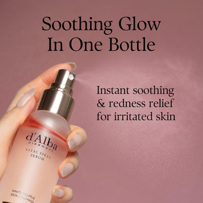 d'Alba Piedmont White Truffle Vital Spray Serum in a clear bottle, hydrating formula for sensitive skin, vegan skincare product.