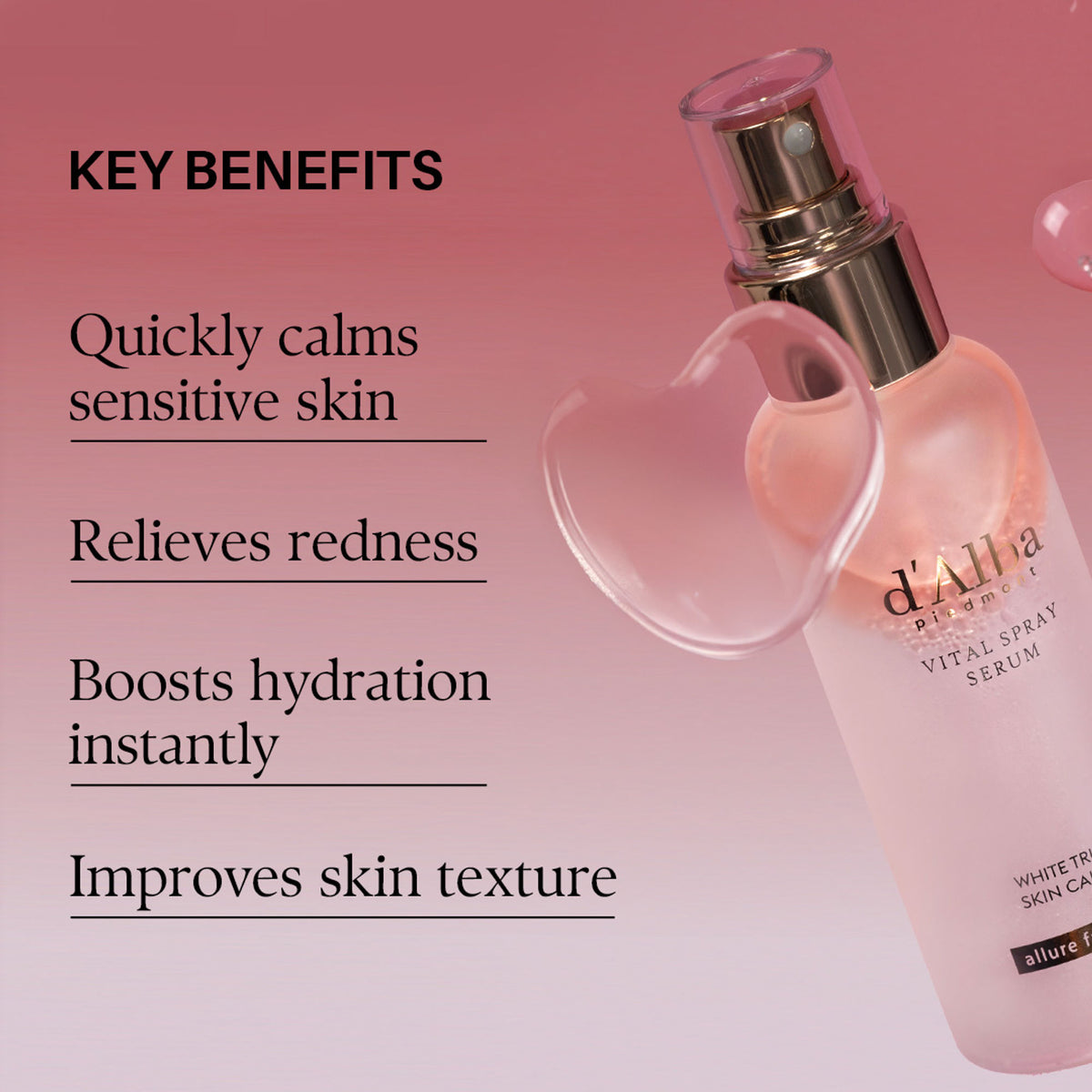 d'Alba Piedmont White Truffle Vital Spray Serum in a clear spray bottle, hydrating for sensitive skin, vegan skincare product.