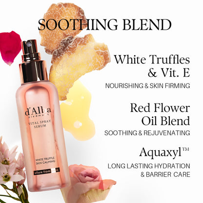 d'Alba Piedmont White Truffle Vital Spray Serum in a spray bottle, hydrating vegan skincare for sensitive skin.