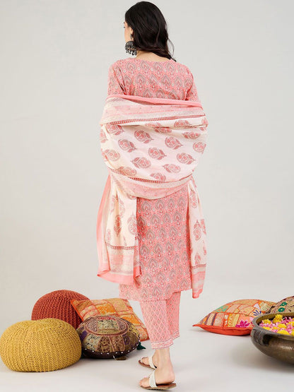 Indyancart IE Ethnic Motifs Printed Angrakha Pure Cotton Kurta With Trousers & Dupatta