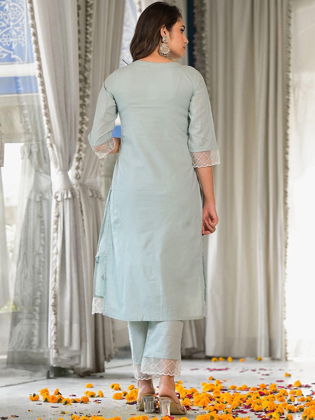 Indyancart VA Women'sEmbroidered Sequinned Pure Cotton Kurta With Trousers & Dupatta
