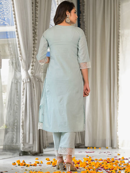 Indyancart VA Women'sEmbroidered Sequinned Pure Cotton Kurta With Trousers & Dupatta