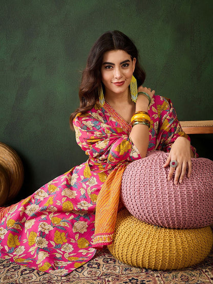 Dhiyona SN Women's Floral Printed Sequinned Pure Cotton Straight Kurta & Trouser With Dupatta