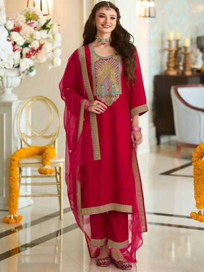 Indyancart IE Women Ethnic Motifs Embroidered A-Line Kurta with Trousers & Dupatta