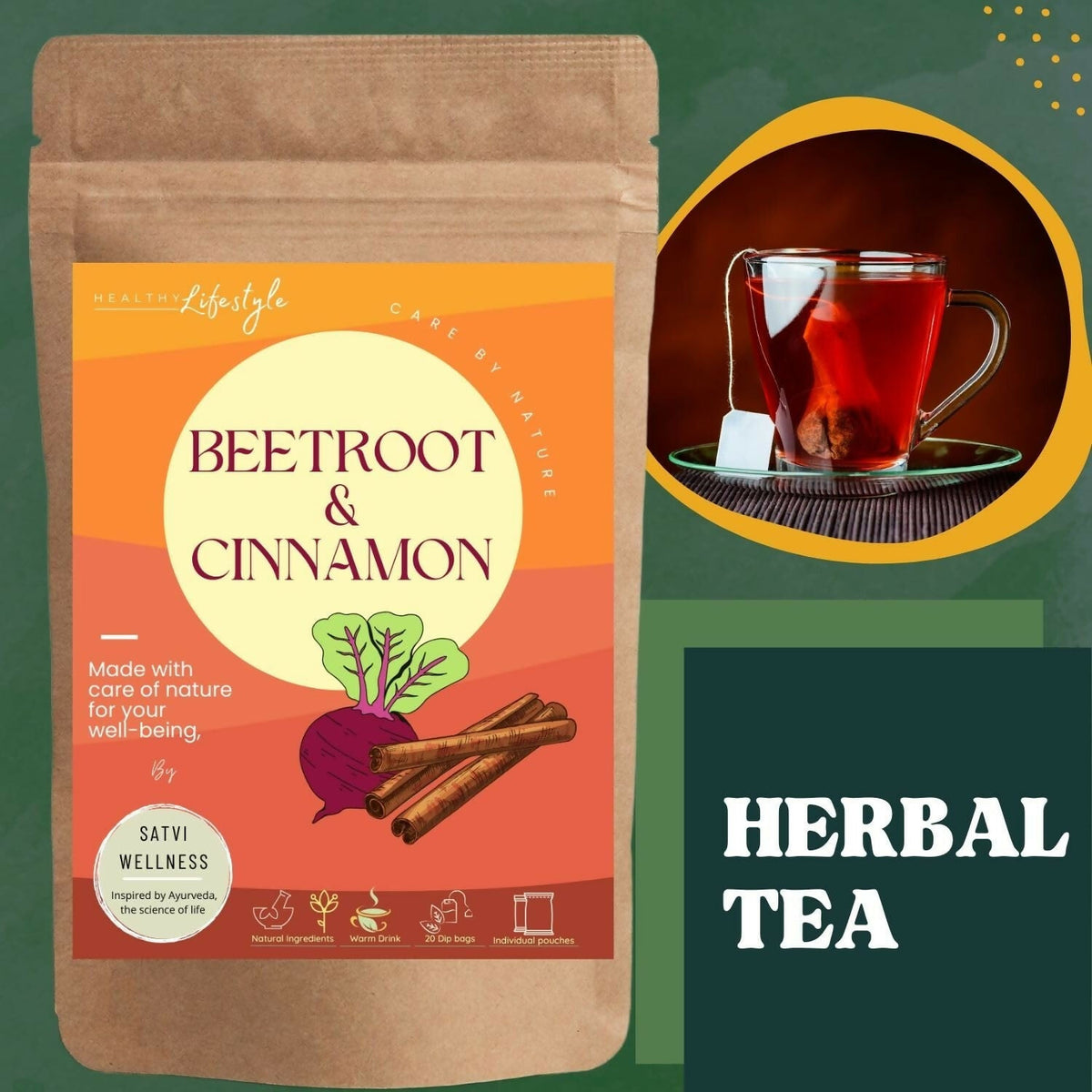 Satvi Wellness Beetroot Cinnamon Tea Bags | Herbal Tea