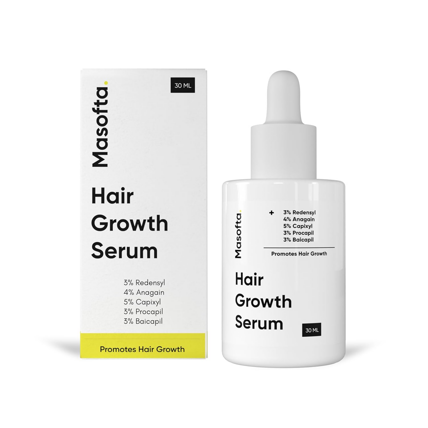 Bottle of Masofta Hair Growth Serum for hair care, featuring clear liquid and applicator tip on a white background.