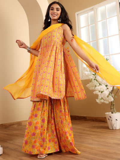 Indyancart VA Women'sFloral Printed A-Line Kurta With Sharara And Dupatta
