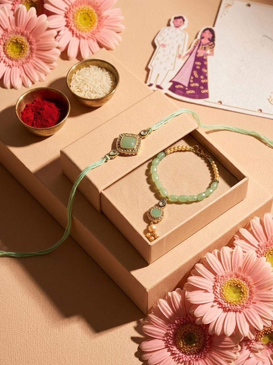 Anouk Set Of 2 Artificial Stones & Beads Bhaiya Bhabhi Rakhi With Roli Chawal Chandan