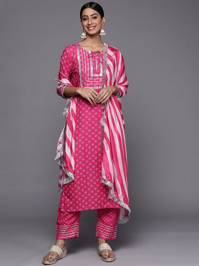 Indyancart VA Women's Bandhani Printed Regular Thread Work Kurta with Trousers & With Dupatta