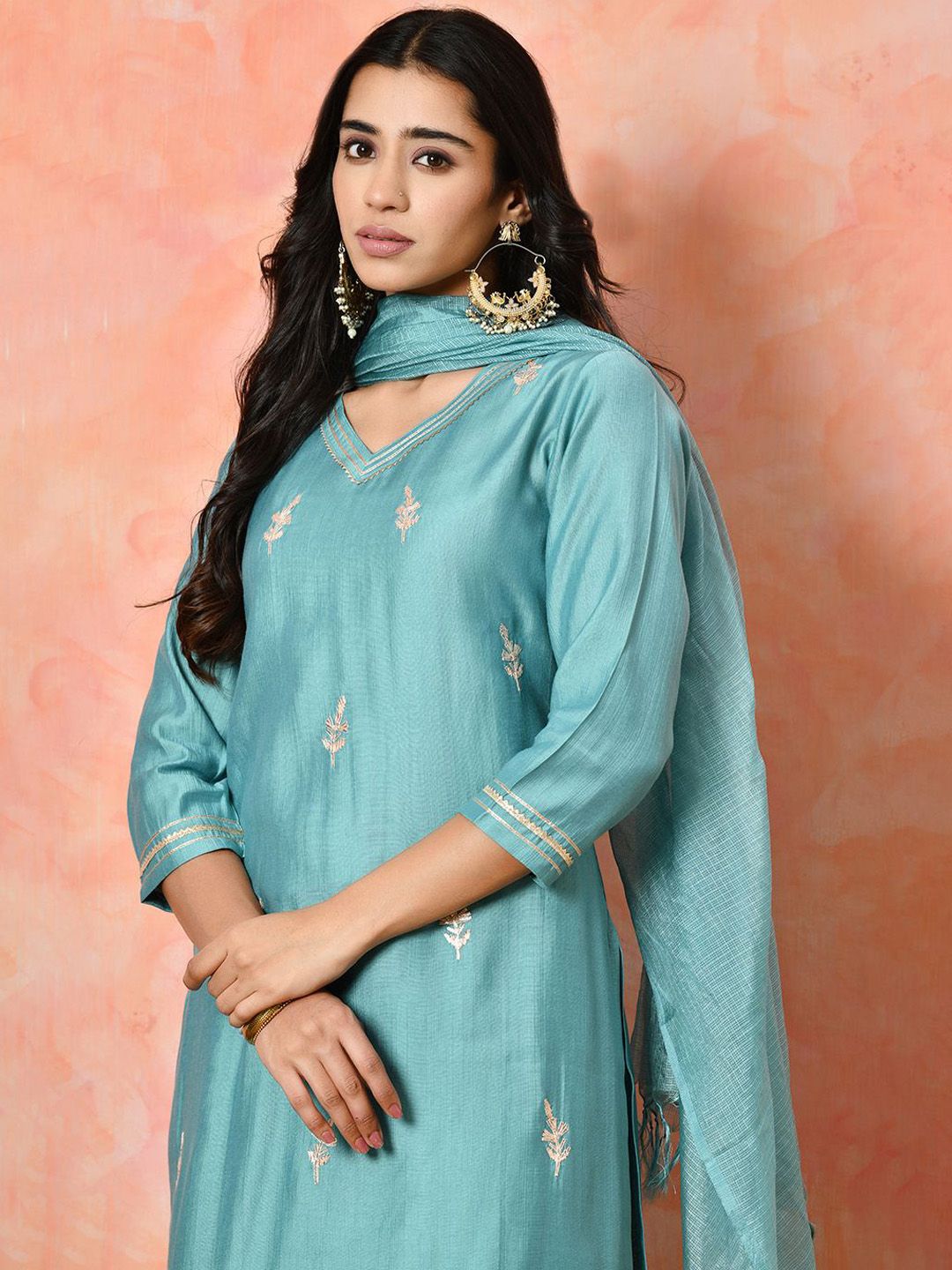 Indyancart SN Women's Solid Embroidered Kurta with Trousers & Dupatta