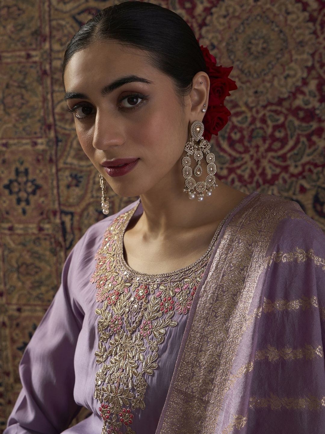 Ethnic Motifs Embroidered Thread Work Straight Kurta With Trousers & Dupatta