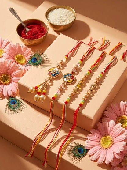 Anouk Set Of 4 Artificial Beads Family Pack Thread Rakhi With Roli Chawal Chandan Mishri