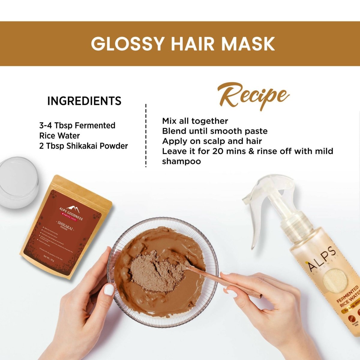 Alps Goodness fermented rice water face toner bottle, clear liquid with label, for skin and hair care.