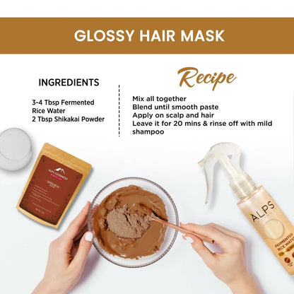 Alps Goodness fermented rice water face toner bottle, clear liquid with label, for skin and hair care.