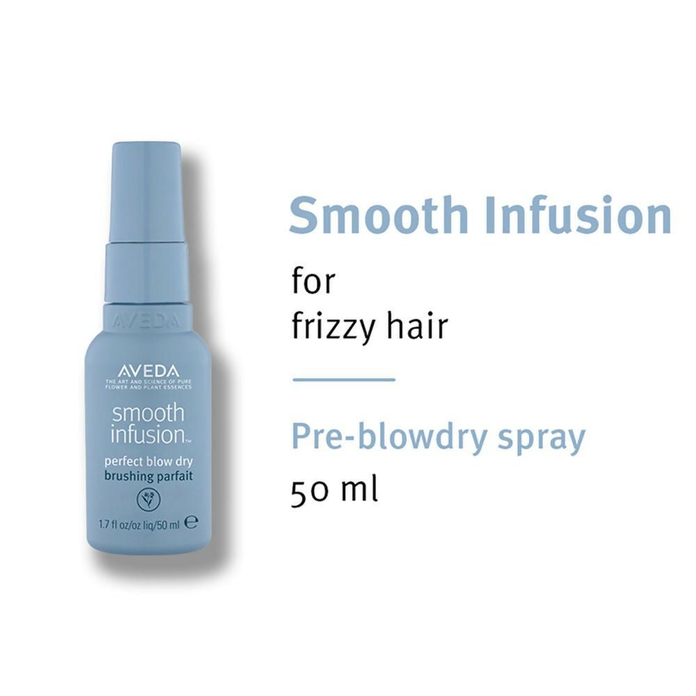 Aveda Travel Size Smooth Infusion Perfect Blow Dry Hair Serum bottle shown, lightweight formula for sleek, shiny hair.