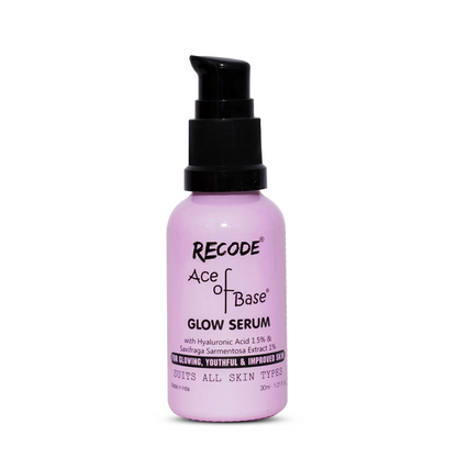 Recode Ace Of Base Glow Face Serum in a sleek bottle, showcasing a brightening skincare product from the Recode serums collection.