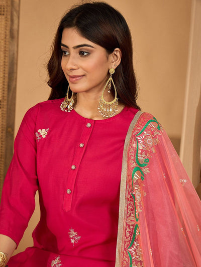 Indyancart SN Women's Embroidered Gota Work Straight Kurta & Trousers With Dupatta