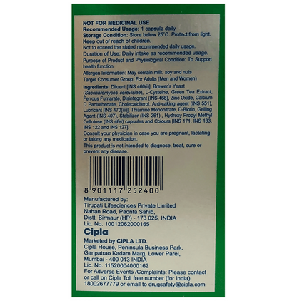 Cipla Adgain Plus healthy hair capsules in a white bottle with label, featuring hair care ingredients and product branding.