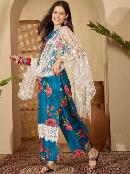 Indyancart SN Women's Floral Printed Straight Kurta & Palazzo With Dupatta