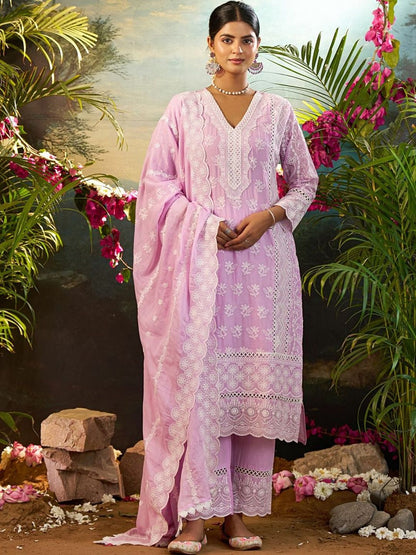 Women Ethnic Motifs Embroidered Regular Chikankari Pure Cotton Kurta with Trousers & With Dupatta