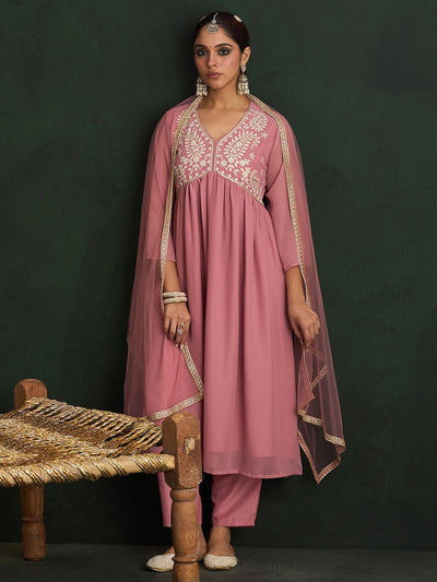 Indyancart IE Mauve Paisley Embroidered V-Neck Georgette A-Line Kurta with Trousers & Dupatta
