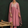 Dhiyona IE Mauve Paisley Embroidered V-Neck Georgette A-Line Kurta with Trousers & Dupatta