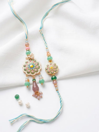 Anouk Set Of 2 Round Artificial Beads Traditional Bhaiya Bhabhi Rakhi With Roli Chawal