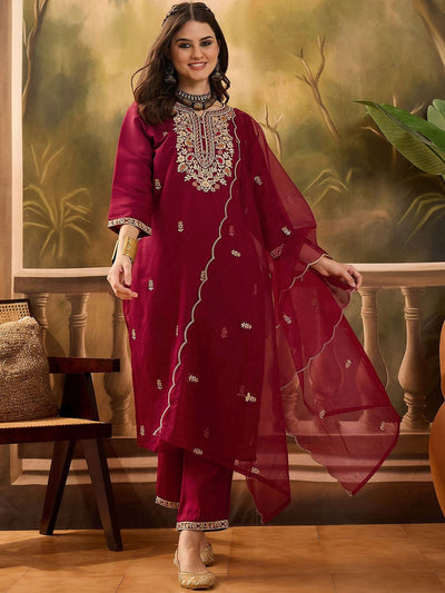 Indyancart SN Women's Floral Embroidered Notch Neck Straight Kurta With Trousers & Dupatta