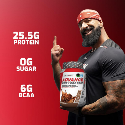 Scitron Advance Whey Protein Health Drink with Milk Chocolate flavor, showing a glass filled with creamy chocolate protein shake.