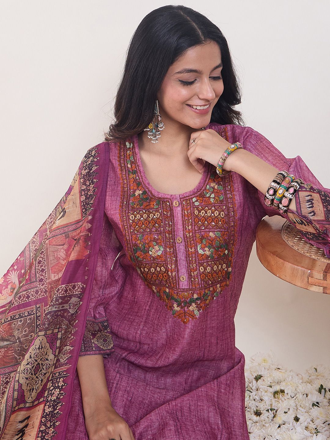 Ethnic Motifs Embroidered Chanderi Cotton Kurta With Trousers & Dupatta